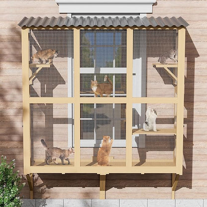 Large Catio Cat Window Box, Outdoor Cats Window Perch Enclosure for Indoor Cats with 4 Jump Platforms & 4 Doors, Kitten Cat Patio House Connected with Tunnels, All Weather Use (Natural)