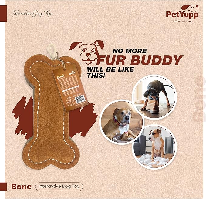 Bone Leather Dog Toy for Aggressive Chewers - Extra Thick Wool, Stitched & Real Leather Dog Toy for Small, Medium & Large Dogs - Durable & Safe Chew Toys for Puppies