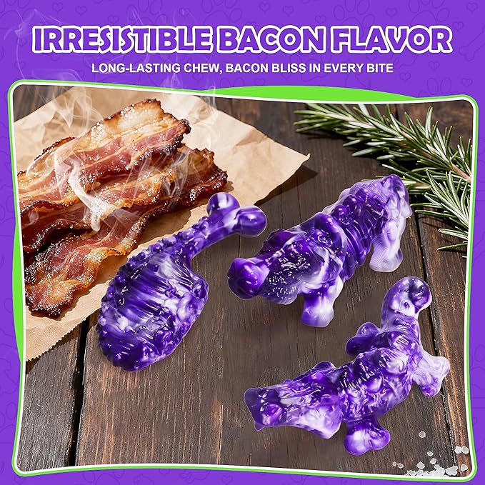 Dog Chew Toys for Aggressive Chewers,3 PCS Tough Dog Toys for Medium and Large Breed, Real Bacon Flavored Best Dog Toys to Keep Them Busy, Reduce Boredom, Hard Dog Bones for Teeth Cleaning (Purple)