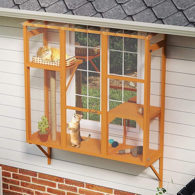 PawHut Outdoor Catio, Cat Window Catio Box Enclosure for 2-3 Large Indoor Cats with 2 Jumping Platforms, Scratching Post, for Playing, Sunbathing, Napping, Cat Window Perch for Enjoying Sights, Orange