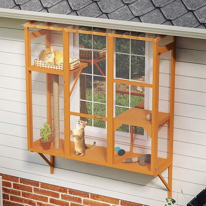 PawHut Outdoor Catio, Cat Window Catio Box Enclosure for 2-3 Large Indoor Cats with 2 Jumping Platforms, Scratching Post, for Playing, Sunbathing, Napping, Cat Window Perch for Enjoying Sights, Orange