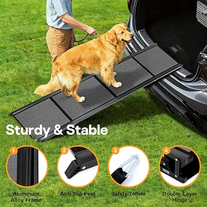 67''x 17'' Dog Ramp, Dog Ramp for Car, Folding Car Ramps for Pets, Dog Stairs Up to 250LBS, Pet Ramp with Non-Slip Rug Surface, Extra Long Dog Steps for Car, SUV, Truck