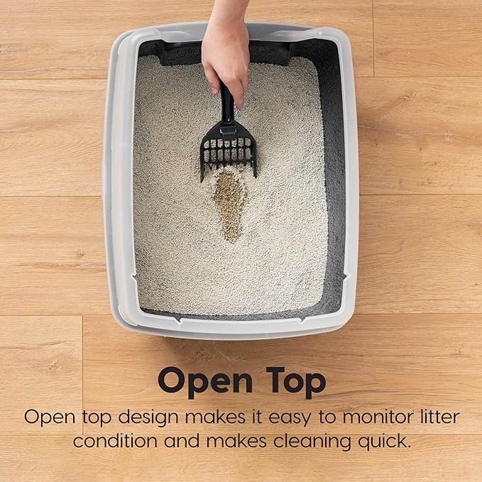 IRIS USA Large Open Top Cat Litter Box with High Sided Walls Tall Scatter Shield Scoop Included Easy Clean Plastic Pan Stain Resistant for Cats Kittens Indoor Multi-Cat Households 2-Pack Black