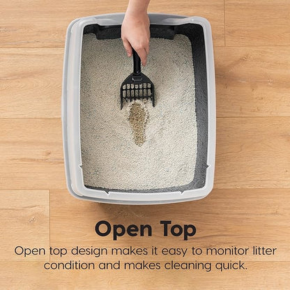 IRIS USA Large Open Top Cat Litter Box with High Sided Walls Tall Scatter Shield Scoop Included Easy Clean Plastic Pan Stain Resistant for Cats Kittens Indoor Multi-Cat Households 2-Pack Black