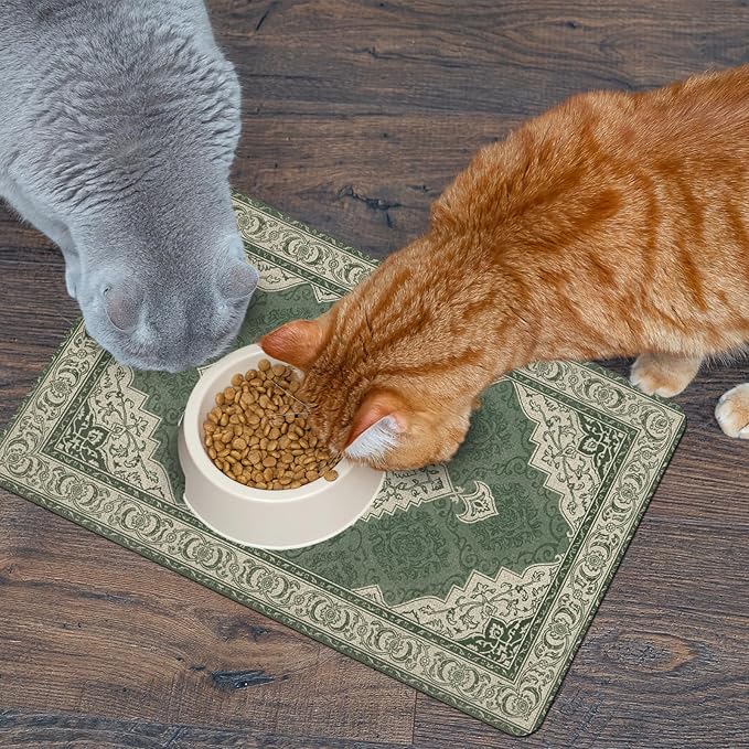 Pet Dog Cat Food Mat, Absorbent Dog Bowl Mats for Food and Water, Non Slip Boho Dogs Cat Placemats Feeding Mat for Floors Indoor Puppy Pet Accessories Supplies 17 * 30 inch, Retro Green