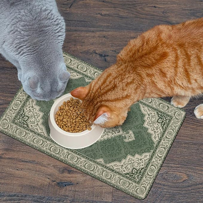 Pet Dog Cat Food Mat, Absorbent Dog Bowl Mats for Food and Water, Non Slip Boho Dogs Cat Placemats Feeding Mat for Floors Indoor Puppy Pet Accessories Supplies 17 * 30 inch, Retro Green