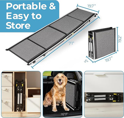 Dog Ramp for Car, SUV & Truck, 71" Long x 20" Wide, Extra Side-Strap Stability System, Non-Slip Quad-Fold Pet Ramp for Large Dogs, 250 lb Capacity (Standard Design)