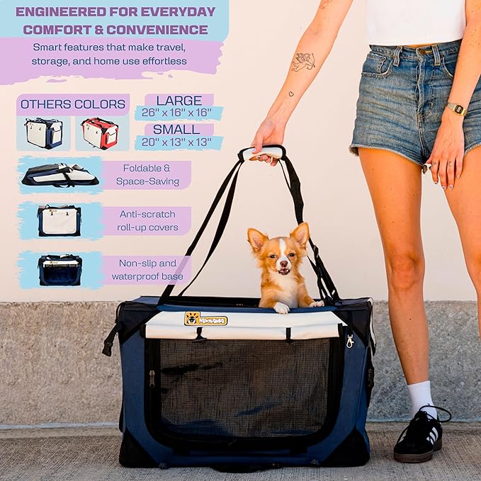 Cat & Dog Pet Carrier, Soft-Sided, Large 24"x16"x16", Supports Up to 45 lbs, Privacy Windows, Removable Plush Bed, Locking Zippers, Foldable Travel Crate