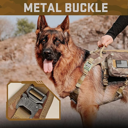 Forestpaw Tactical Dog Harness Tactical Dog Collar with Bungee Leash Set,No Pull Military Dog Harness for Walking Training,Adjustable for Medium Large Dogs,Camouflage Brown,Chest 21.5-45"