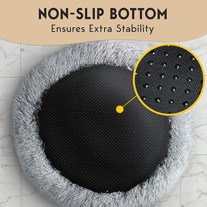 PetJett Dog Beds Large Sized Dog - 36'' Calming Round Bed, Anti-Slip & Washable Super Soft Donut Bed, Fluffy Faux Fur Anti-Anxiety Premium Comfort Pet Bed, Fits Dogs up to 80 lbs - Bright Grey