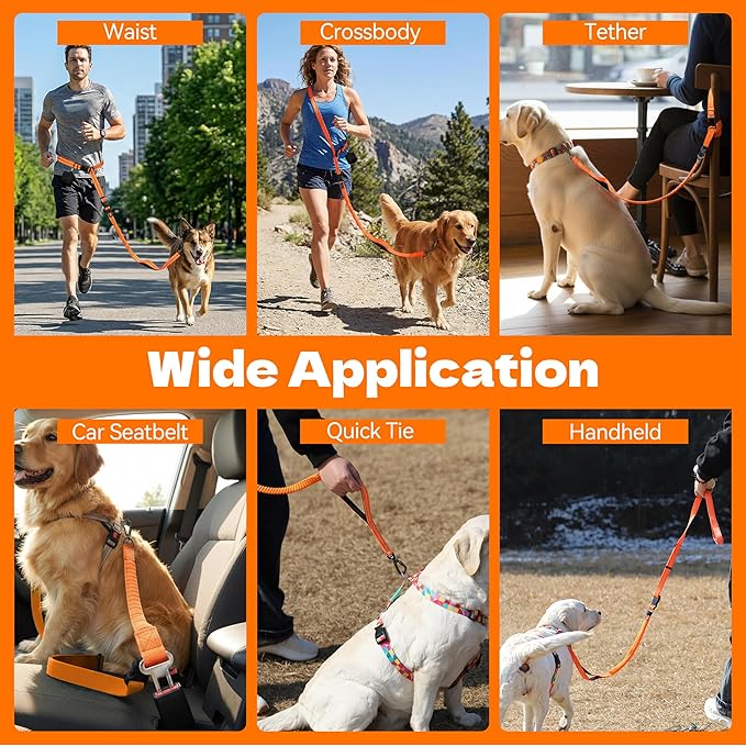 6-in-1 Hands-Free Dog Leash, Waist & Crossbody Bungee Lead with Dual Padded Handles, Bungee Shock Absorbing, Seat Belt Buckle, Reflective for Small Medium Large Dogs, Orange