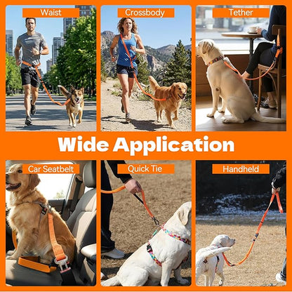 6-in-1 Hands-Free Dog Leash, Waist & Crossbody Bungee Lead with Dual Padded Handles, Bungee Shock Absorbing, Seat Belt Buckle, Reflective for Small Medium Large Dogs, Orange