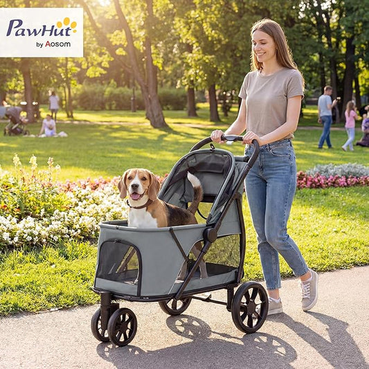 PawHut 3 Wheel Pet Stroller, Dog Stroller Dual Entry, Easy One-Click Quick Fold, All-Terrain Wagon Cart with Air Mesh, Washable Cushion, for Small and Medium Dogs and Cats Up to 44 lbs, Gray
