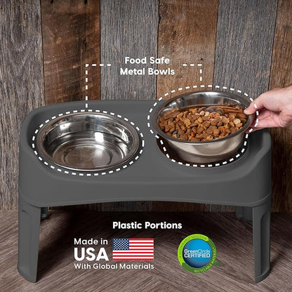 IRIS USA Adjustable Elevated Dog Bowls, Raised Feeder with 2 Stainless Steel 64 oz Bowls, Spill-Guard Rim, 12.25" or 4.63" Heights, Durable Plastic, Made in USA, Dark Gray