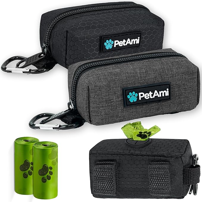 PetAmi Dog Poop Bag Holder & Waste Bag Dispenser with Clip-On Pouch Includes 1 Roll of Pet Waste Bags Portable Dog Walking Accessories for Leash, Belt or Backpack, Black/Gray, 2Pack