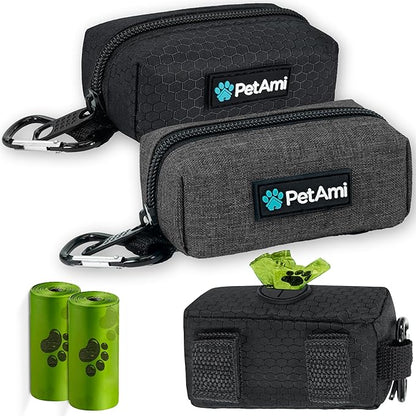PetAmi Dog Poop Bag Holder & Waste Bag Dispenser with Clip-On Pouch Includes 1 Roll of Pet Waste Bags Portable Dog Walking Accessories for Leash, Belt or Backpack, Black/Gray, 2Pack