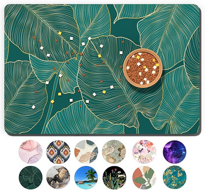 Dog Food Mat, 12" x 19" Absorbent Dog Cat Bowl Mat for Food and Water, Cute Anti-Slip Rubber Pet Feeding Rug Protect Floors, Placemat for Feeding & Watering Supplies, Tropical Palm Leaves