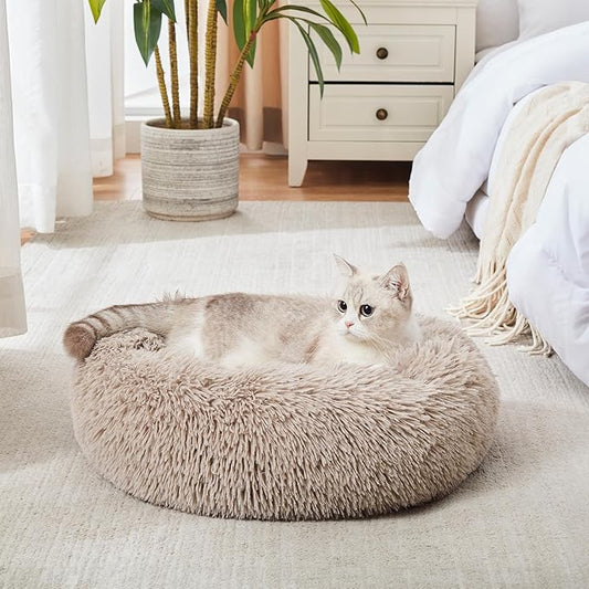 Calming Dog Bed & Cat Bed, Anti-Anxiety Donut Cuddler Warming Cozy Soft Round Fluffy Faux Fur Plush Cushion Bed for Small Medium Dogs and Cats (20"/24"/27"/30")