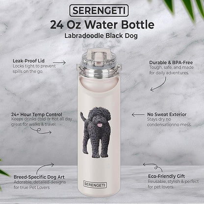 E&S Pets SERENGETI 24 Oz Water Bottle Stainless Steel with Spill Proof Lid - Double walled Vacuum Insulated water flask - Realistic 3D Print of your favorite dog (Labradoodle)