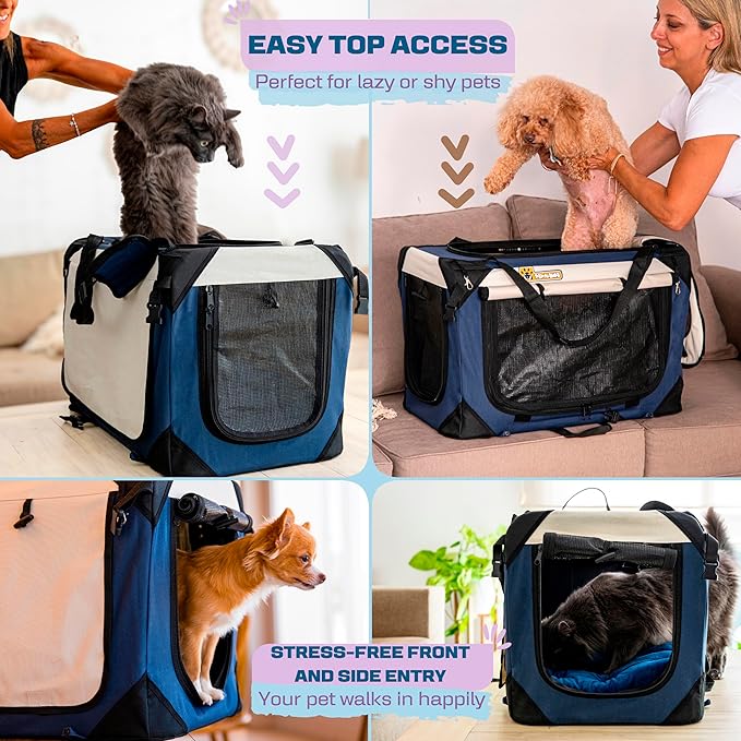 Cat & Dog Pet Carrier, Soft-Sided, Large 24"x16"x16", Supports Up to 45 lbs, Privacy Windows, Removable Plush Bed, Locking Zippers, Foldable Travel Crate