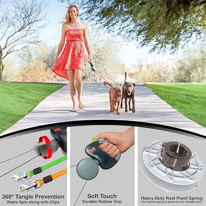 WIGZI - 2025 Enhanced Edition - Dual (2) Dog Retractable Leash, Auto-Untangles, Supports Up To 50lb Dogs, 10ft Distance Each Dog, Color-Coded Control, Reflective Leads, Waterproof, Gray Color