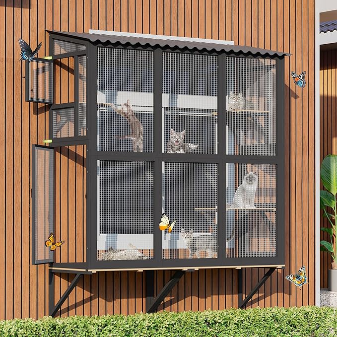 Catio Outdoor Cat Enclosure Window Perch, Expandable Cat Window Box for Multiple Indoor Cats w/4 Platforms & 4 Doors, Patio Kitten House for Sunbathing Overlooking Tunnel Connection (Black)
