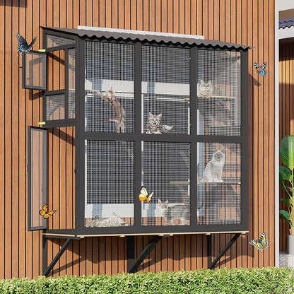 Catio Outdoor Cat Enclosure Window Perch, Expandable Cat Window Box for Multiple Indoor Cats w/4 Platforms & 4 Doors, Patio Kitten House for Sunbathing Overlooking Tunnel Connection (Black)