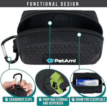 PetAmi Dog Poop Bag Holder & Waste Bag Dispenser with Clip-On Pouch Includes 1 Roll of Pet Waste Bags Portable Dog Walking Accessories for Leash, Belt or Backpack, Black