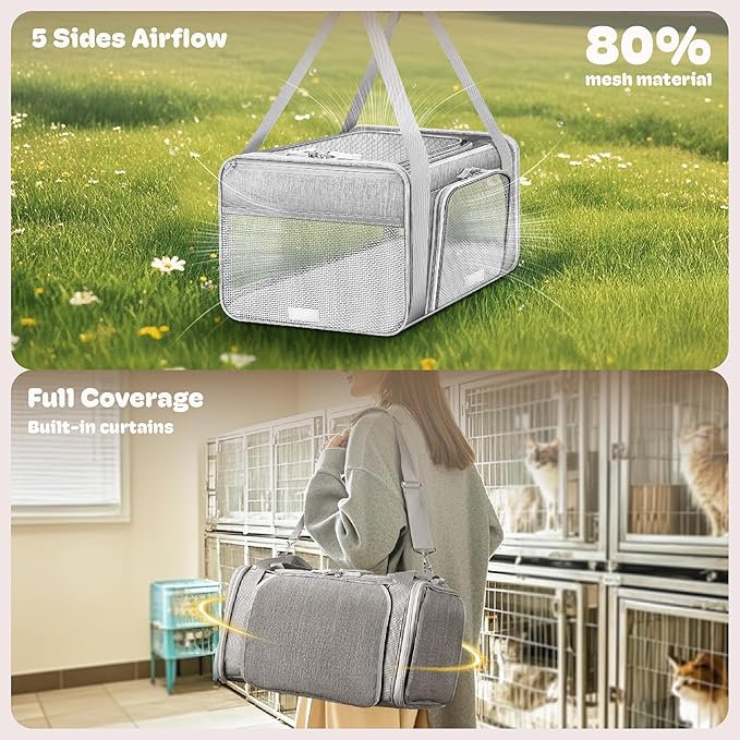 Top and 2 Sides Expandable Cat Carrier 18x13.5x9.5, TSA Airline Approved Dog Carriers for Small Dogs, Soft-Sided Pet Carrier with Self-Locking Zippers for Kitten,Rabbit, Puppy, Guinea Pig Grey