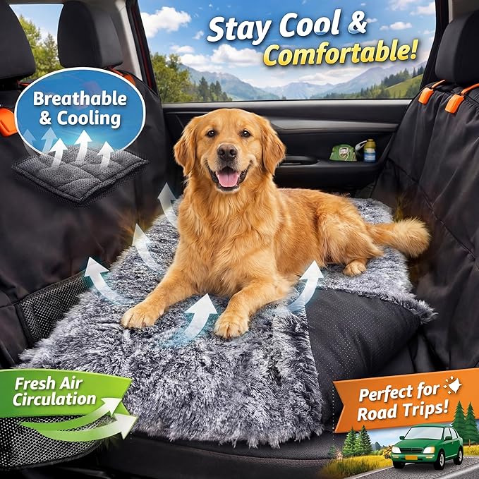 Hahafelt Backseat Pet Bed Mat, 54"x24.8"x3.9", Washable Dog Bed for Car, Soft Nonslip Travel Dog Car Seat Cover, Fits Backseat Extender Protector, Pad for Trucks Suvs Spring Road Trip (Gray)