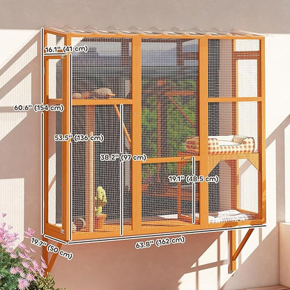 PawHut Outdoor Catio, Cat Window Catio Box Enclosure for 2-3 Large Indoor Cats with 2 Jumping Platforms, Scratching Post, for Playing, Sunbathing, Napping, Cat Window Perch for Enjoying Sights, Orange