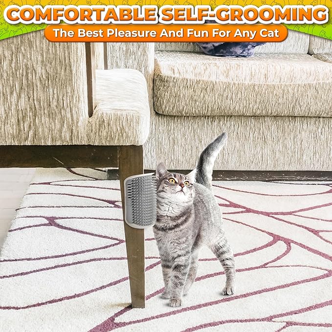 Cat Corner Scratcher – Cat Self Groomer for Indoor Cats – Wall Brush with Face Scratchers and Catnip | Easy to Install, Soft Massage, Fur Remover, Grooming Tool Also Works as Hand Comb for Cats