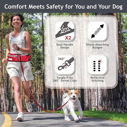 DOCO Hands Free Dog Leash (Waist 26”- 48”, Leash- 1”x 5ft) Waist Belt for Walking, Running, Training & Hiking, Bungee with Dual Handles, Adjustable Fit, Reflective Safety Design for Large Dogs (Black)