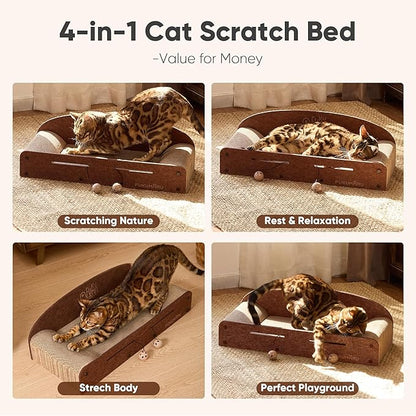 FUKUMARU 26 Inch Cat Scratcher Bed, 2 Reversible Cardboard Cat Scratch Pads Refill for Indoor Cats, Durable Large Cats Scratching Bed Sofa Couch Lounger with Fun Toys, Furniture Protector, Caramel