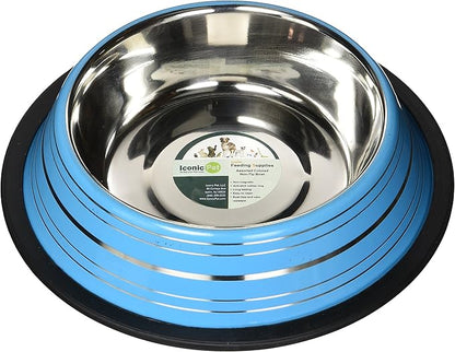Iconic Pet Color Splash Stripe Non-Skid Stainless Steel Dog & Cat Bowl - Blue, 16 Oz, 2 Cup, Durable, Easy to Clean, Anti-Slip Feeding Dish for Food & Water, Stylish Design for Dogs and Cats