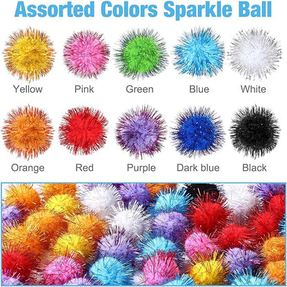 Poen 300 Pieces Cat Toy Fuzzy Balls 1.8 Inch Assorted Color Pom Pom Interactive Tinsel Balls for Indoor Cats