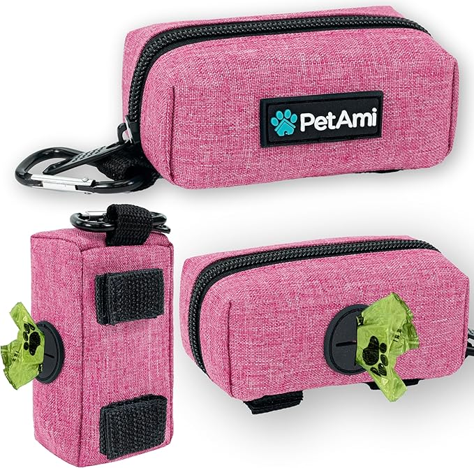 PetAmi Dog Poop Bag Holder & Waste Bag Dispenser with Clip-On Pouch Includes 1 Roll of Pet Waste Bags Portable Dog Walking Accessories for Leash, Belt or Backpack, Pink