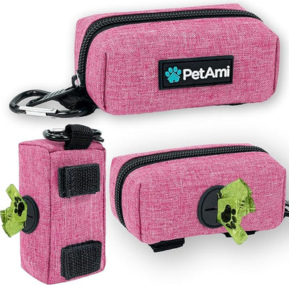 PetAmi Dog Poop Bag Holder & Waste Bag Dispenser with Clip-On Pouch Includes 1 Roll of Pet Waste Bags Portable Dog Walking Accessories for Leash, Belt or Backpack, Pink