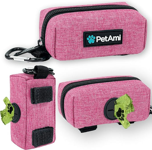 PetAmi Dog Poop Bag Holder & Waste Bag Dispenser with Clip-On Pouch Includes 1 Roll of Pet Waste Bags Portable Dog Walking Accessories for Leash, Belt or Backpack, Pink