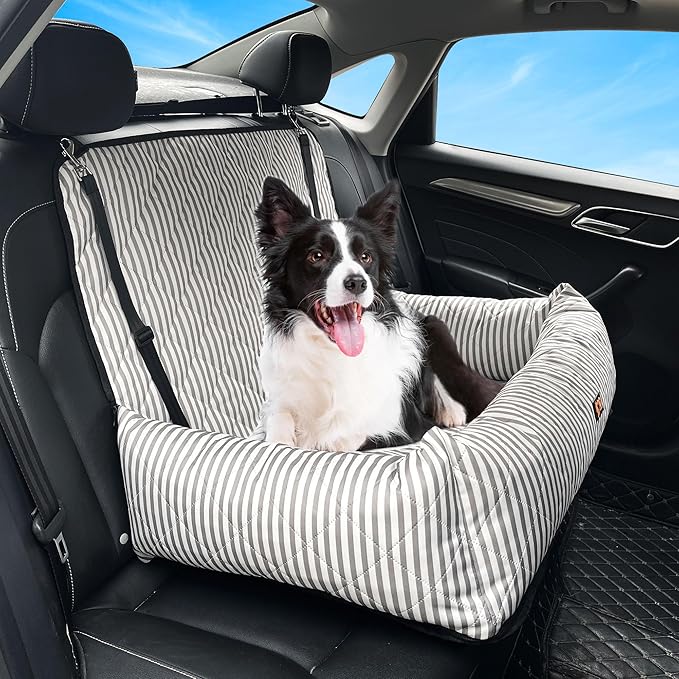 Dog Car Seat for Small/Medium Dogs, 2-in-1 Booster Seat & Pet Sofa Bed, Removable Washable Portable Car Travel Bed (Stripes-L-Grey)