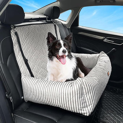 Dog Car Seat for Small/Medium Dogs, 2-in-1 Booster Seat & Pet Sofa Bed, Removable Washable Portable Car Travel Bed (Stripes-L-Grey)