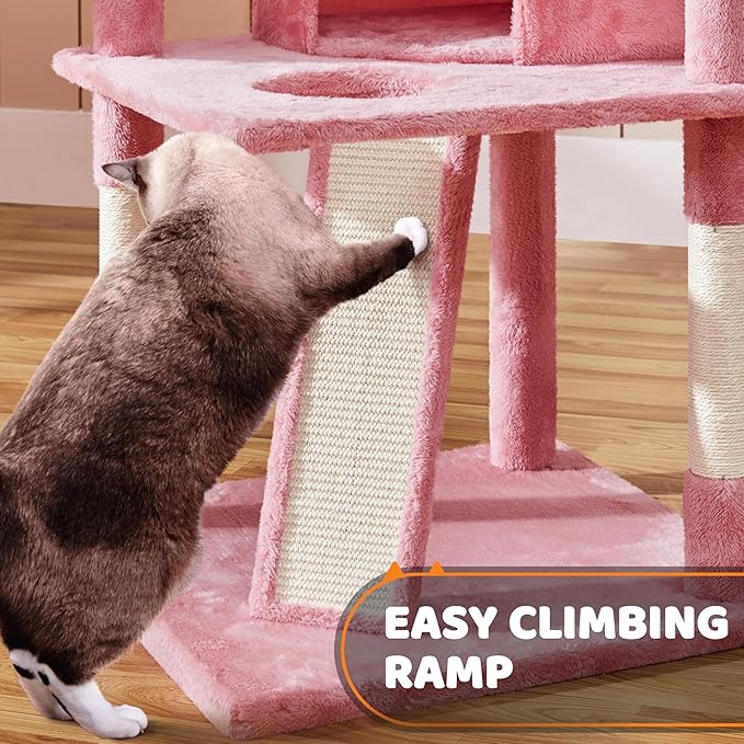 Yaheetech 68.5in Cat Tree for Large Cats, Multi-Level Cat Tower with 3 Wide Perches, Large Condo, Stable Pet Play House w/Sisal-Covered Scratching Posts & Board, Pink