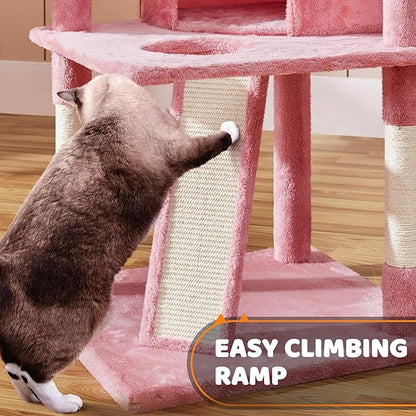 Yaheetech 68.5in Cat Tree for Large Cats, Multi-Level Cat Tower with 3 Wide Perches, Large Condo, Stable Pet Play House w/Sisal-Covered Scratching Posts & Board, Pink