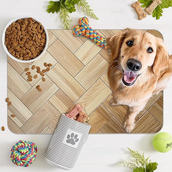 Vintage Wooden Dog Cat Food Mat,Boho Absorbent Pet Feeding Mat for Food and Water,Non-Slip Dog Bowl Mats Floor Protector 16"x24"