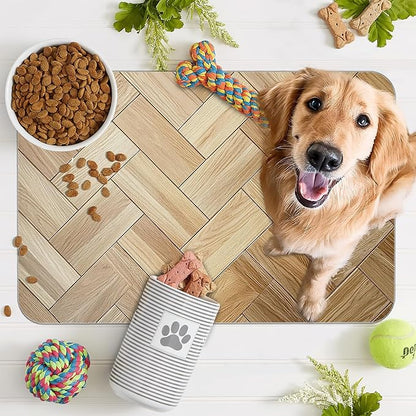 Vintage Wooden Dog Cat Food Mat,Boho Absorbent Pet Feeding Mat for Food and Water,Non-Slip Dog Bowl Mats Floor Protector 16"x24"
