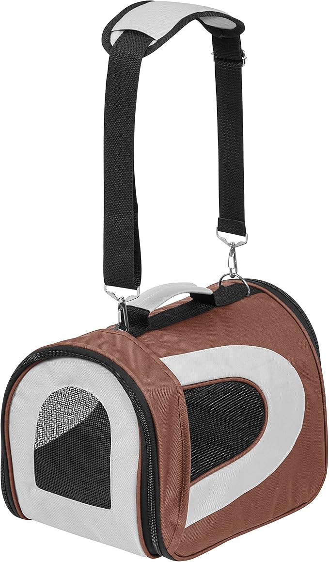 IRIS USA Small Soft Sided Pet Carrier with Shoulder Strap, Sturdy Collapsible Water Resistant Pet Carrier with Padded Bottom and Top Handle for Travel, Brown