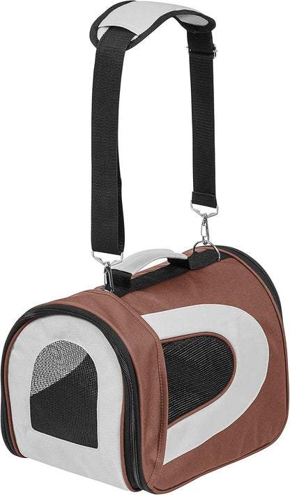 IRIS USA Small Soft Sided Pet Carrier with Shoulder Strap, Sturdy Collapsible Water Resistant Pet Carrier with Padded Bottom and Top Handle for Travel, Brown