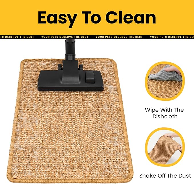 Cat Scratcher Mat,Natural Sisal Cat Scratch Pad with Hook&Loop Tape,Horizontal Floor Kitten Scratching Pads Rug for Indoor,Pet Furniture Protector for Couch&Carpets&Sofas, Large, Brown