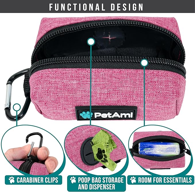 PetAmi Dog Poop Bag Holder & Waste Bag Dispenser with Clip-On Pouch Includes 1 Roll of Pet Waste Bags Portable Dog Walking Accessories for Leash, Belt or Backpack, Pink