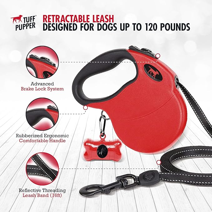Tuff Pupper Heavy Duty Retractable Dog Leash | 16 ft Dog Leash with Reflective Stitching for Nighttime Safety | One Button Lock and Release | Comfortable Hand Grip | for Dogs Up to 120 lbs